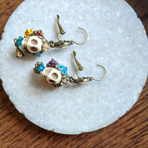 Sugar Skull Flower Sparkly Dangle Earrings - Picture 8 of 9